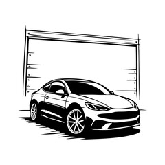 Logo concesionario de coches. Dibujo con líneas de la vista en perspectiva de un vehículo de lujo, con la puerta cerrada de un garaje de fondo © teracreonte
