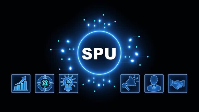SPU Acronym on Central Circuit Board. Digital Data Neon Circuit Board Concept. Idea, Growth, Target, Marketing, Lock, and Person Icons. Digital Technology Blue Background. 4k Video