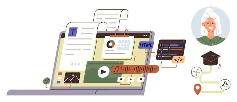 Online education, digital tools, e-learning platforms, coding, multimedia courses, personalized learning. Laptop with course materials, icons and student avatar. Online education and digital tools