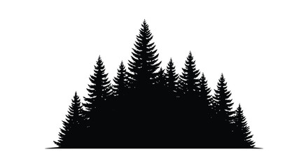 Dense forest of evergreen trees depicted in stark black silhouette © Santa