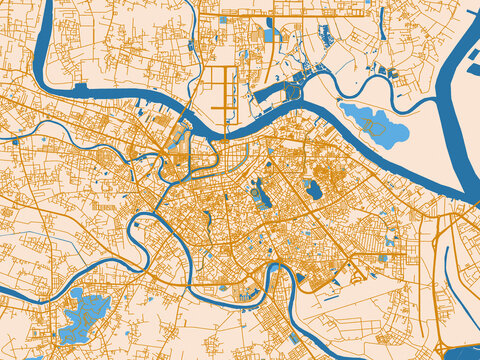 City map of Haiphong, Viet Nam &mdash; light cream city field with mustard-gold linework and vivid blue lakes, rivers and waterways