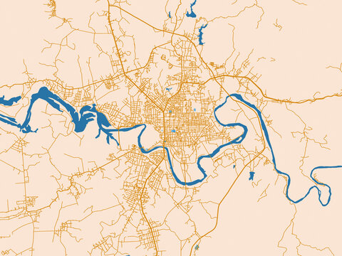 Minimal city map of Kon Tum, Viet Nam with golden linework with blue water