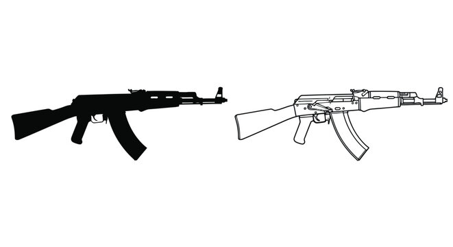 Two ak 47 rifles depicted in contrasting line art a dark silhouette