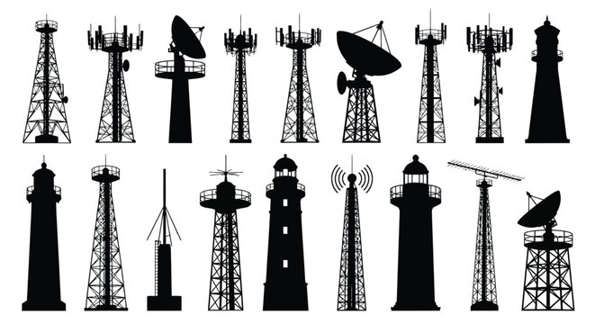 Various communication and navigation towers depicted in black silhouette