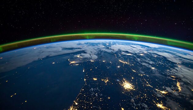 Earth from space with green aurora and city lights at night