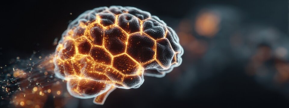 Bright brain with glowing neural connections in dark background illustrating science of mind and cognition