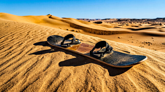 Golden desert dunes shimmer under a brilliant blue sky, a sandboard poised for an exhilarating descent on warm sunlit sand
