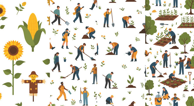 Farmers and agriculture activities seamless pattern with planting, harvesting, gardening and rural lifestyle scenes flat vector illustration