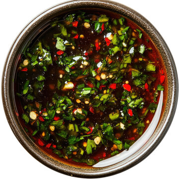 Herb sauce in metal bowl, chopped herbs, pepper flakes