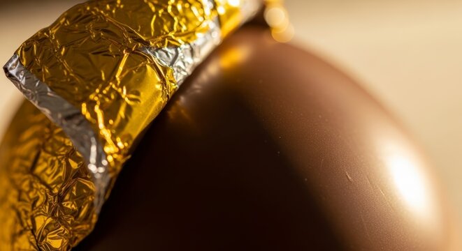 Golden foil wrapped chocolate candy closeup.