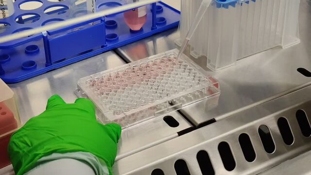 A laboratory technician performs an immunological assay on a 96-well microplate using green gloves, a micropipette, and pipette tips.