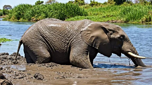 African elephant wallowing in muddy water during the hot summer sun in a natural environment