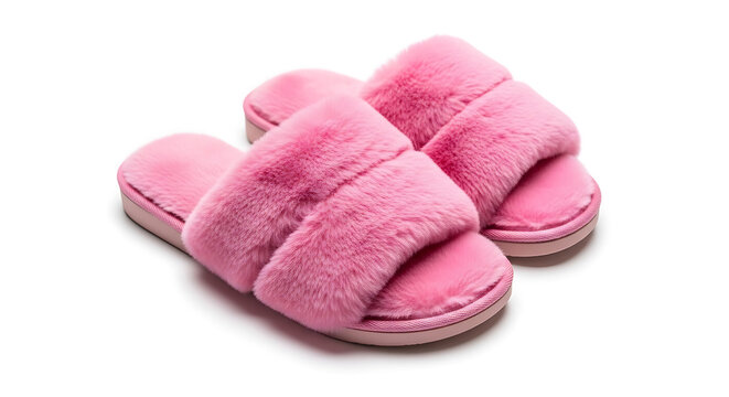 Pair of fluffy pink slippers isolated against a white backdrop on transparent background