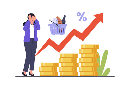 Inflation Rate Rising Prices and Cost of Living Concept. A worried woman looking at a rising price graph and a grocery basket with a percentage symbol,price hikes, representing inflation, 