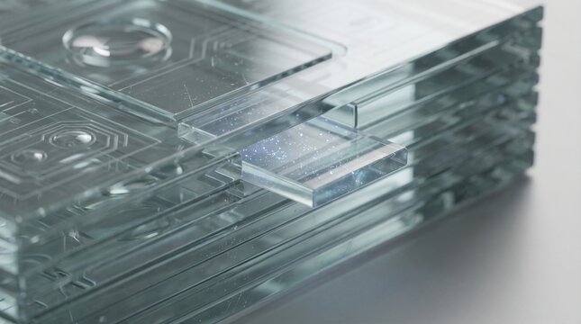 Stacked transparent glass microchips feature intricate etched patterns and glowing particles suggesting advanced digital data storage technology concepts