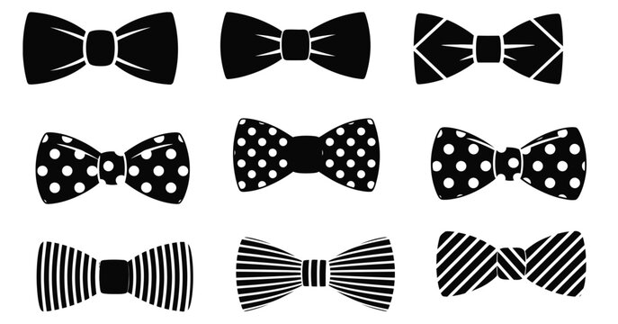 bow tie silhouettes set, classic menswear accessories collection, black and white patterned bowties, elegant formal fashion icons, stylish clothing elements, clean vector illustration isolated on whit