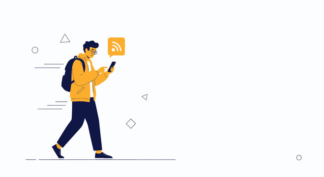 Man with Backpack Using Smartphone with RSS Feed Icon, Walking