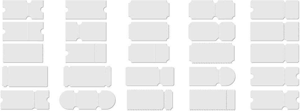 Collection of blank ticket templates with perforated edges and cut lines. Various admission coupon shapes isolated for events, cinema, raffle, vouchers and printable design mockups