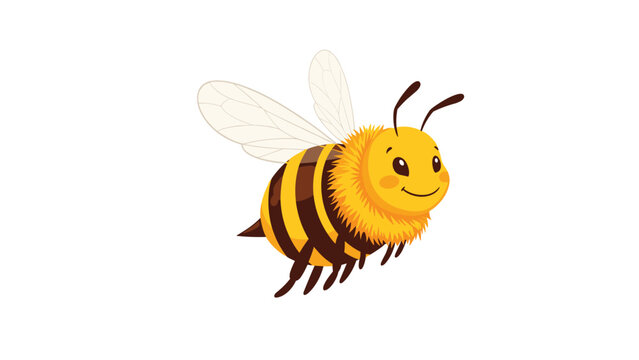Cheerful cartoon bumblebee with a smiling face and large wings flying through the air, cute insect character illustration.