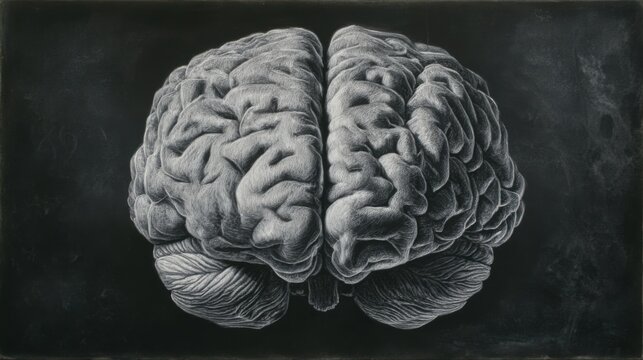 Drawing showing the structure of a human brain with details of the two hemispheres and their features displayed on a dark background
