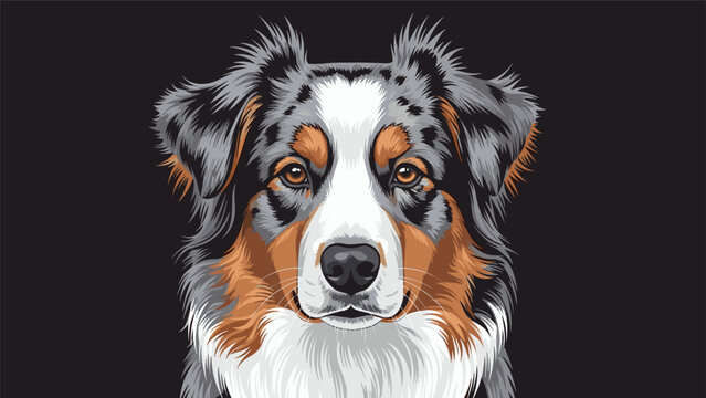 Detailed artistic portrait of an australian shepherd dog head with striking blue eyes and a multi-colored merle coat on black.