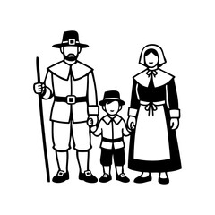 Logotipo con dibujo sencillo con líneas de una familia con un hijo, con ropa de peregrino histórico, para el Día de Acción de Gracias © teracreonte