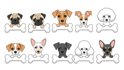 Obraz premium Group of cute dog faces including pug and poodle breeds peeking over large white bones in a charming horizontal arrangement.