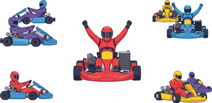 Go kart racing drivers set with winning poses and colorful karts, motorsport competition collection for sport design, racing illustration and dynamic vector artwork