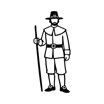 Logotipo con dibujo sencillo con l&iacute;neas de un hombre peregrino hist&oacute;rico con sombrero y bast&oacute;n, para el D&iacute;a de Acci&oacute;n de Gracias 