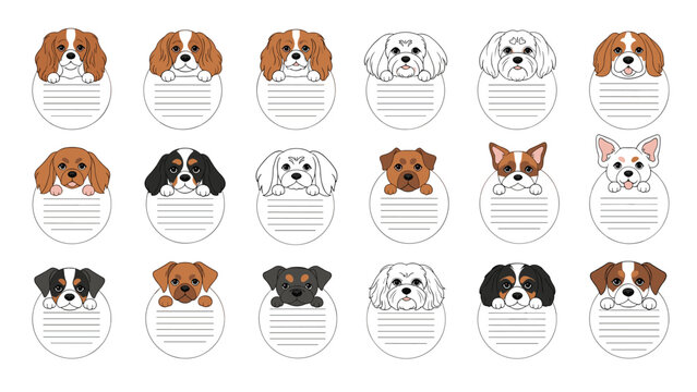 Set of fifteen dog face illustrations inside circular frames with horizontal lines for notes or custom text.