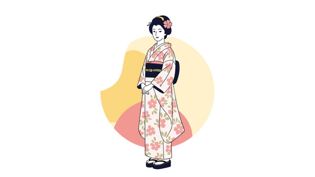 Japanese woman wearing a traditional floral kimono and zori sandals standing in front of abstract yellow and orange shapes.