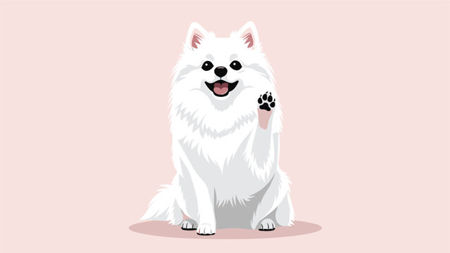 White american eskimo or samoyed dog waving its paw with a happy smile on a soft pink background in a cute vector style.