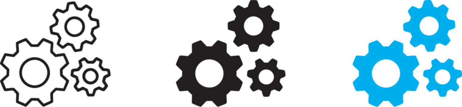 Gears mechanism icon, three interlocking cogwheels system configuration optimization, technology control process management concept vector illustration