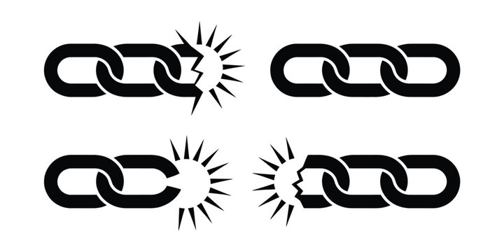 broken chain disconnect icon set, link break symbols collection, connection loss and unlink concept, separation and independence signs, minimal clean vector illustration design.
