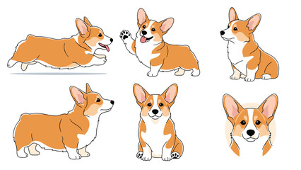 Fototapeta premium Various welsh corgi dog illustrations featured in a set with poses including running, sitting, and waving paw.