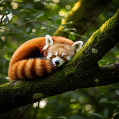 Fototapeta premium A charming red panda is peacefully curled up and fast asleep on a thick, moss-covered tree branch amidst lush green foliage, bathed in soft dappled sunlight filtering through the canopy.