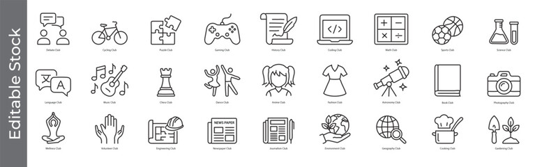 School club and extracurricular activity icon set – editable outline symbols of debate, cycling, coding, music, chess, dance, science and more © marufpro555777
