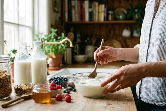 Hands Gently Stirring Skyr in a Glass Bowl with Natural Ingredients in a Cozy Kitchen