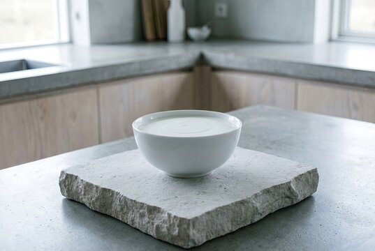 Pristine Bowl of Skyr on a Minimalist Stone Slab in Modern Kitchen