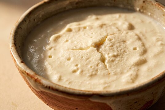 Close-up of Creamy Skyr in an Artisan Ceramic Bowl with Warm Side Lighting