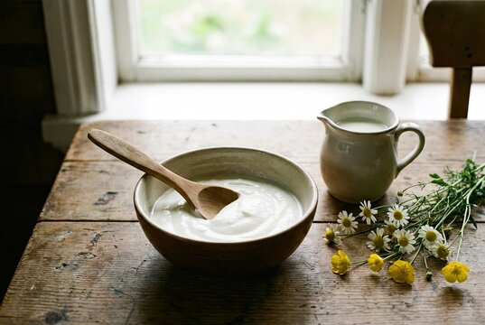 Rustic Skyr Bowl with Wooden Spoon, Milk Pitcher, and Wildflowers in Soft Natural Light