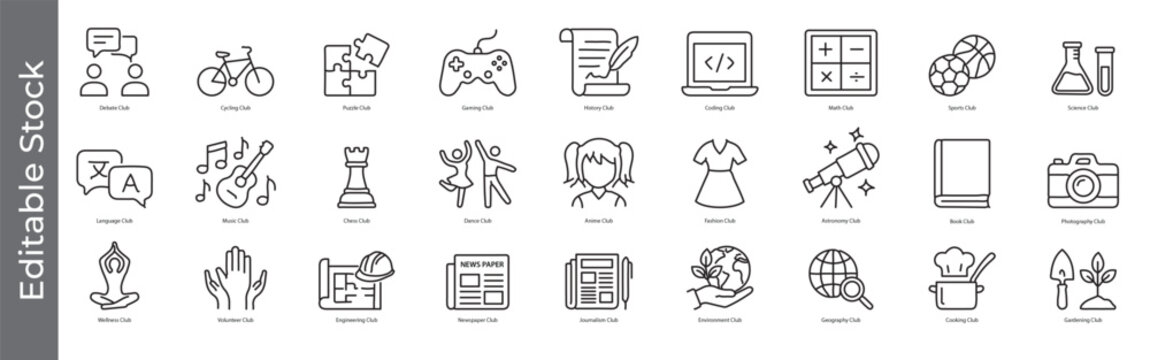School club and extracurricular activity icon set &ndash; editable outline symbols of debate, cycling, coding, music, chess, dance, science and more