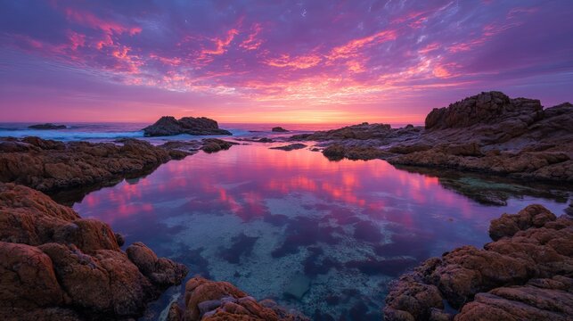 Stunning pink and purple sunset paints the sky over a rugged coastline with calm ocean reflections in tide pools