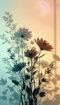 Ніжні квіткові силуети та тіні на світлій пастельній стіні, місце для тексту