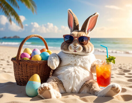 Osterhase am Strand mit Cocktail lehnt sich an ein Korb voller Ostereier