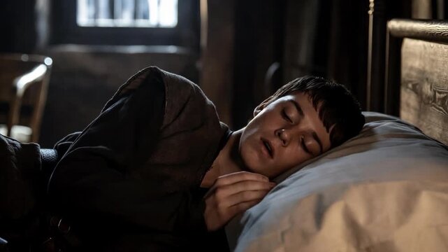 A young man lying on a bed in a dim rustic room, captured in cinematic style, against a shadowy background, concept of solitude