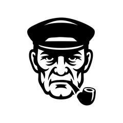 Logo con la cabeza de un hombre maduro con gorra de capitán. Dibujo de viejo marinero fumando en pipa © teracreonte
