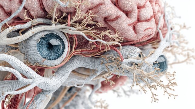 Detailed view of brain and eye structures showing intricate blood vessels and neural networks in a medical illustration