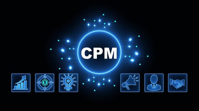 CPM Acronym on Central Circuit Board. Digital Data Neon Circuit Board Concept. Idea, Growth, Target, Marketing, Lock, and Person Icons. Digital Technology Blue Background. 4k Video.
