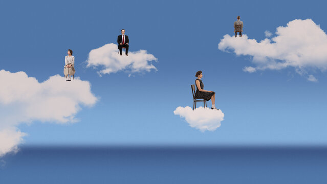People sitting separately on clouds in blue sky representing isolation. Concept of loneliness remote work distance, social separation, digital communication and disconnected lifestyle.